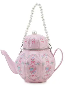 Novelty Teapot Shape Purses for Women Fashion Women's Handbag, Crossbody Bag with Pearl Wrist Strap, Printed Pattern, Stylish and Unique Design Personalized Accessory Gifts, PU Leather Bag