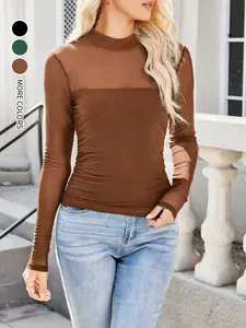Women's Contour Long Sleeve Mesh Body Sculpting Top, Premium Seamless Leotard for Evening Wear, Breathable Comfortable Versatile Style Womenswear