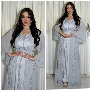 Four-season Commute Muslim Set Fashion Party Dubai Turkey Long Sleeve Chiffon Cardigan Dress and Vest 2ps Muslim Dress Women