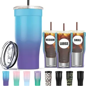 Universal Iced Coffee Sleeve - Upgraded Double Wall  Stainless Steel Holder Sleeves Insulator for Cold Drinks Fits  Dunkin Donuts McDonalds Small Medium Large Cup (Blue Purple)