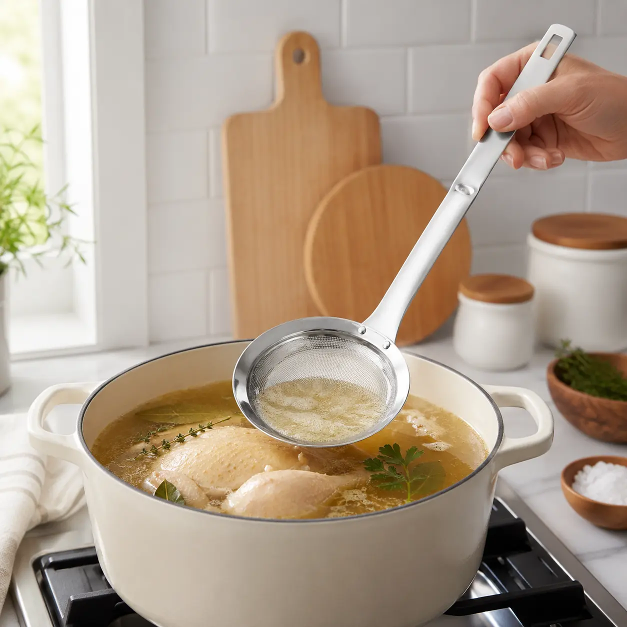 Fine Mesh Food Strainer and Fat Skimmer Spoon – Stainless Steel Filter Scoop with Ergonomic Handle for Kitchen Oil Removal
