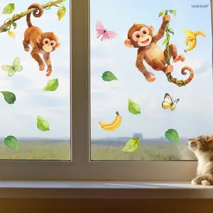 2Pcs/Set (3030cm2pcs) Cartoon Monkey Banana & Branch Window Stickers, Static Cling Glass Window Decor Stickers for Bedroom & Living Room Home Decor