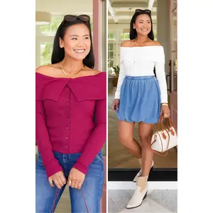 Ribbed Knit Long Sleeve Off Shoulder Top