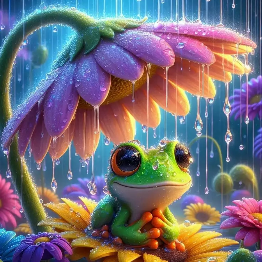 Cute Frog Raindrop Flower 5D Full Drill Diamond Painting Kit Fresh Design Diamond Pattern Design with Shimmering Water Drop and Floral Accents Whimsical Nature Art Style DIY Art For Home Wall Decor Ideal Gift For Nature And Craft Enthusiasts