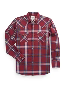 Men's Ely Cattleman Long Sleeve Plaid Western Snap Shirt, Poly/Cotton, Western Yoke, Flap Pockets with Pen hole