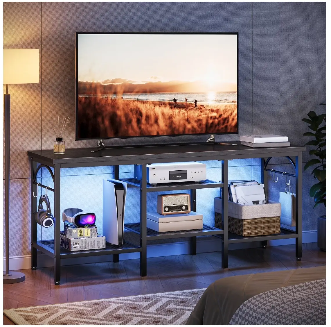TV Stand for TVs up to 55 Inch, LED Light Entertainment Center with Open Storage Shelves, TV Media Console Table for Living Room, Bedroom, Black