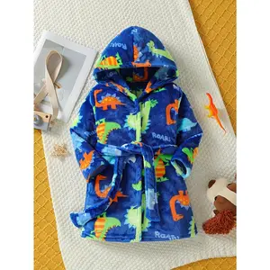 Boys Dinosaur Stuffed Flannel Bathrobe Cap Belt Flame Retardant Fabric Cartoon Home Outfit Passed Flame Retardancy Test