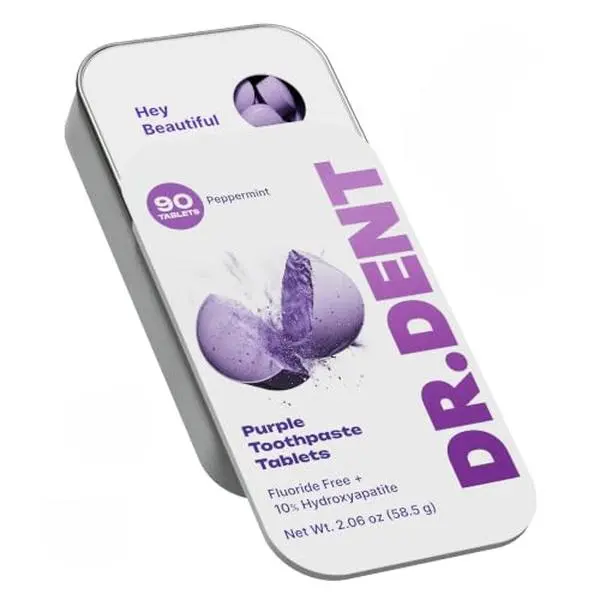 DR.DENT Purple Toothpaste Tablets with 10% Hydroxyapatite, Pap & Xylitol, Color-Correcting *Whitening Formula, Fluoride-Free, SLS-Free, Vegan, 45-Day Supply (90 Chewable Tablets)