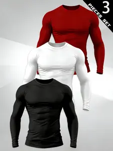 Men's 3 Pack Solid Color Fitted Long Sleeve T-Shirts, Casual Sports Fitness Base Layer, Elastic Training Tops for All Seasons, Gym Shirts, Gym Tees