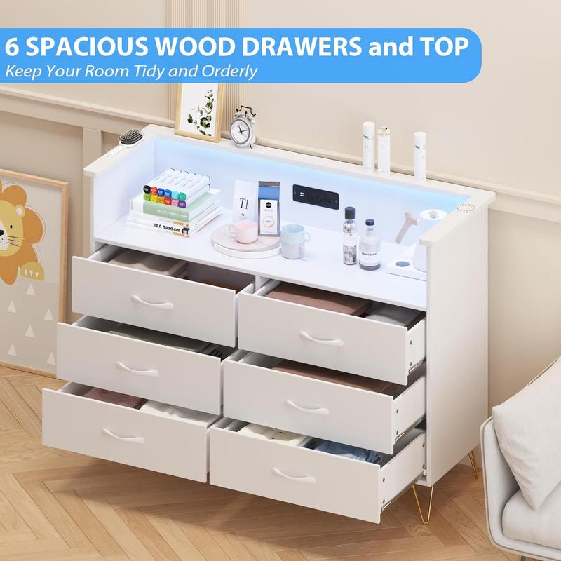 GARVEE Dresser with LED Light for Bedroom 6 Drawer, Wooden Dressers with Charging Station, Large Double Dresser with Wide Drawers, Modern Chests of Drawers for Living Room, Hallway, TV Stand