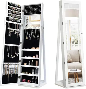 COSTWAY Standing Jewelry Armoire with Tall Full Length Mirror, 2-in-1 Lockable Jewelry Cabinet Organizer with Large Storage Capacity, Inside Makeup Mirror, Stable Base, Easy Assembly -costst