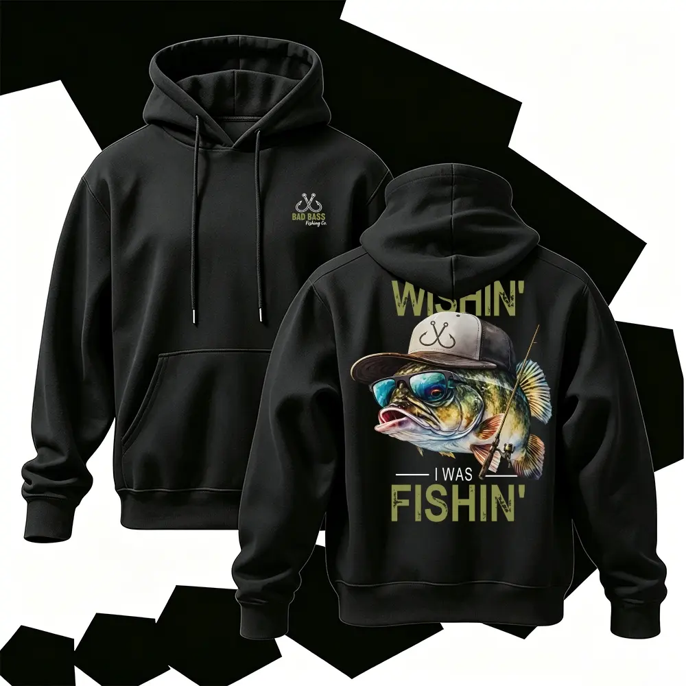 Funny Bass Fishing Graphic Hoodie | Wishin I Was Fishin Print Sweatshirt | Vintage Outdoor Aesthetic Hooded Top | Trendy Pullover Men Women Unisex