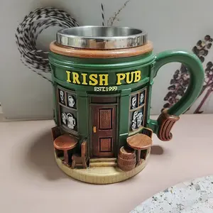 Irish Theme Tree Mug, Stainless Steel & Resin, Clover Pattern, Durable Tea Cup, Ideal for Irish Bar Decor, Moving Gift, St Patrick's Day Present