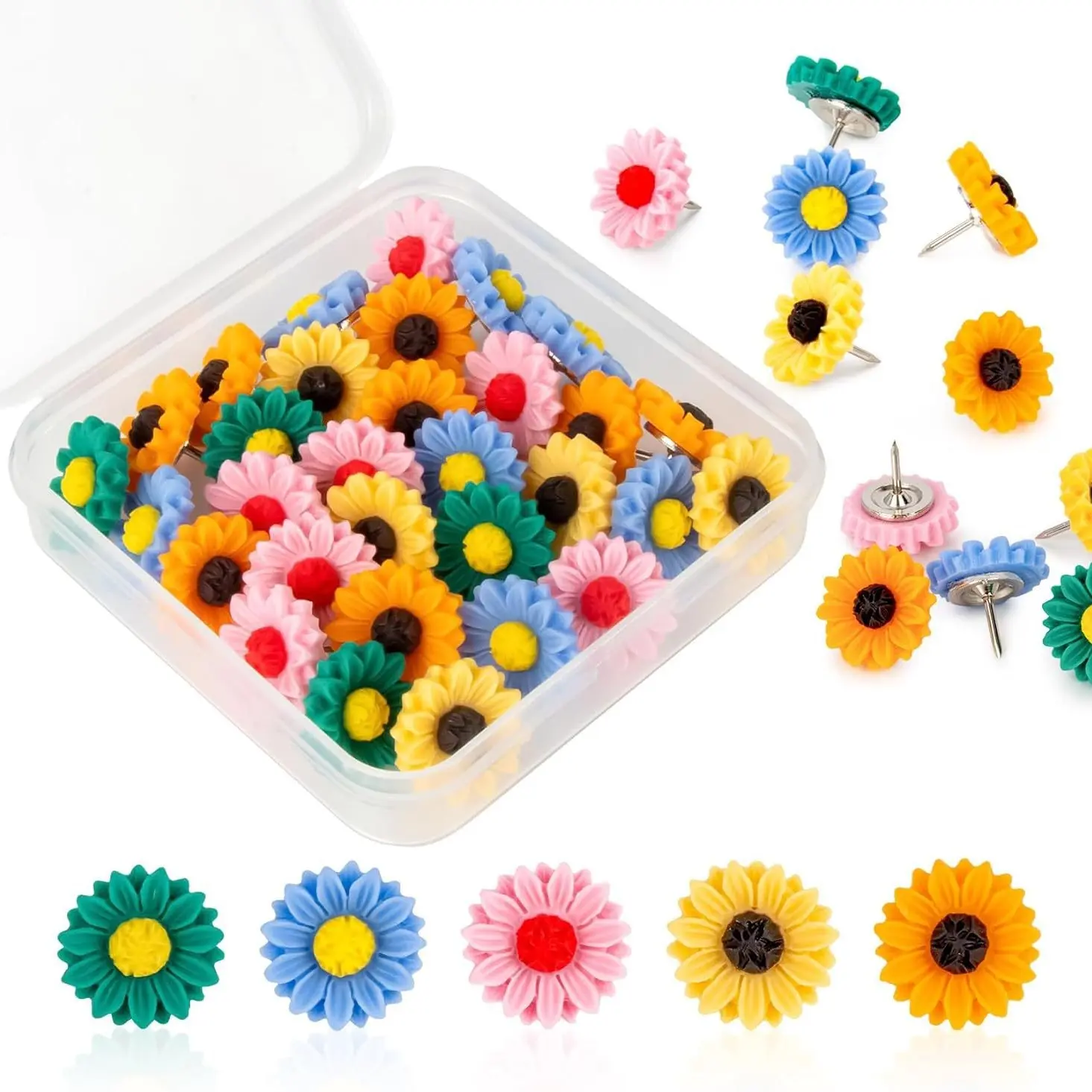 24 Pieces Flower Pushpins Flower Thumb Tacks Decorative Floret Push Pins Colorful Floret Thumbtacks for Photo Wall, Feature Wall, Whiteboard, Cork Board, Map, Bulletin Board, Office or Home