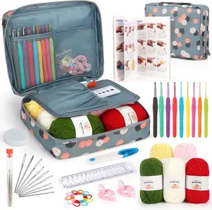 Crochet Kit for Beginners with Yarn and Introduction Book, Crochet Starter Kit Everything Included, Learn to Crochet Kit with Ergonomic Soft Grip Crochet Hooks and Blue Flower Bag Aeelike
