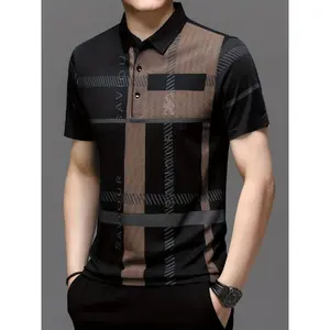 1pc Men'S Summer Casual Polo Shirt - Short Sleeve, Plaid Pattern, Slight Stretch Knit Fabric, Lapel Collar, Button Details, Regular Fit - 50% Polyamide, 45% Viscose, 5% Spandex