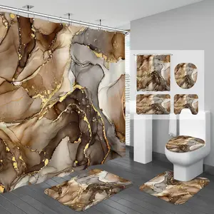 4PCS Brown Marble Bathroom Sets with Shower Curtain and Rugs, Abstract Gold Shower Curtain Sets with Rugs for Bathroom Decor, Bathroom Curtains Shower Set with Toilet Lid Cover Accessories