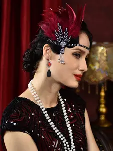 1920s Vintage Party Headpiece Set, Feather Crystal Hairband, Multi-Layer Pearl Necklace, Long Gloves, Pendant Earrings, Vintage Hair Accessories