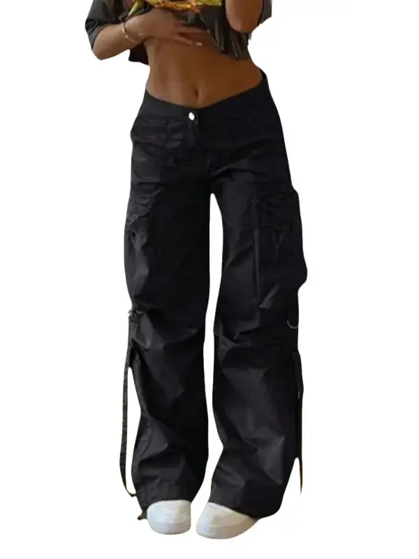Women's Y2K Streetwear Flap Pocket Strap Detail Loose Casual Wide Leg Parachute Cargo Pants Spring
