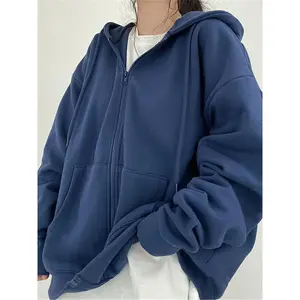 Women's Cozy Fleece-Lined Zippered Hoodie - Casual Loose Fit, Solid Gray Cardigan with Pockets, Perfect for Fall/Winter Knit Sweatshirts