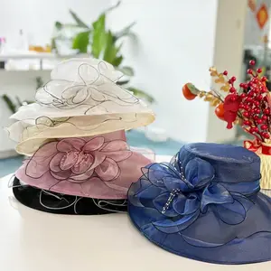 1 Pc Women's Organza Church Kentucky Derby Hat, Detachable Flower Decor, Lace Wide Brim Sun Hat, French Straw Wedding Party Hat, Charming Bridal Accessory