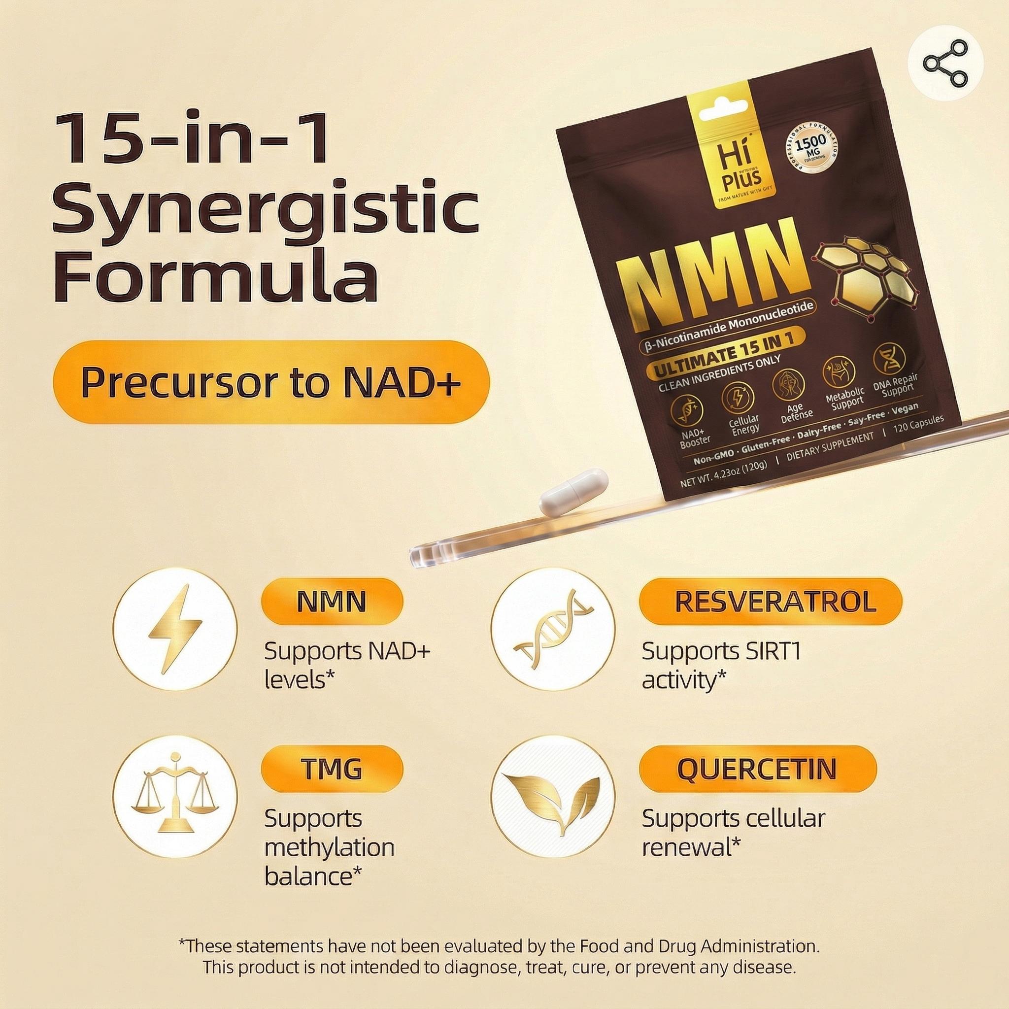 NMN Complex 1,500mg Per Serving, 15-1 Complex,NMN 500mg with Vitamin C, TMG, CoQ10, Resveratrol, Quercetin, & Glutathione | Supports Cellular Energy & NAD+ Levels - Vitamin Dietary Supplement Healthcare