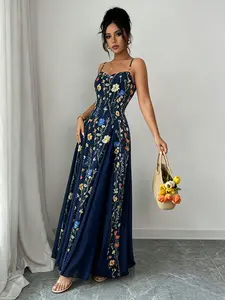 French Retro Flower Print Embroidered Dress, Waist-Cinched A-Line Skirt for Office, Date, Vacation, or Evening Gala Occasions