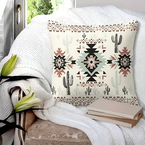Navajo Cactus Theme Throw Pillow with Insert, 45cm Square Zipper Closure, Classic Geometric Totems and Cactus Silhouettes, Comfortable Soft, Bedroom Sofa Decor Cushion, Bohemian Room Decor, All Seasons
