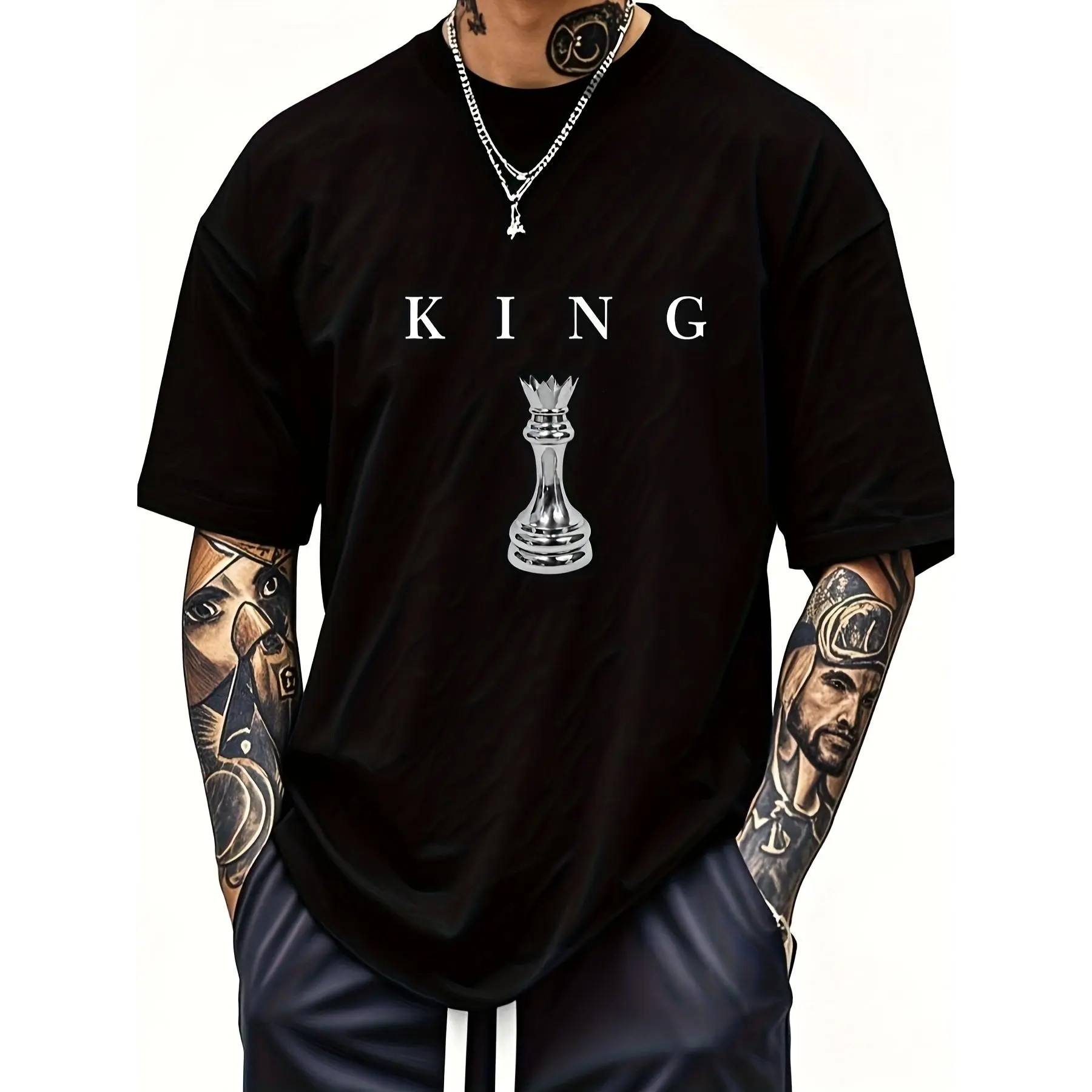 Men's 180GSM Cotton T-Shirt - 'The King' Chess Graphic Print, Casual Comfy Fit, Loose-Fitting Short Sleeve Round Neck Casual Streetwear Top for All Seasons