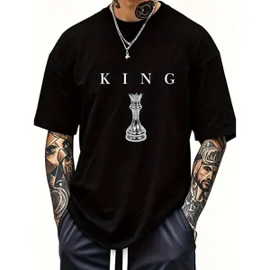 THE KING Men's 180GSM Cotton T-Shirt - Black Chess King Graphic Print, Casual Short Sleeve Round Neck Tee for Casual Attire