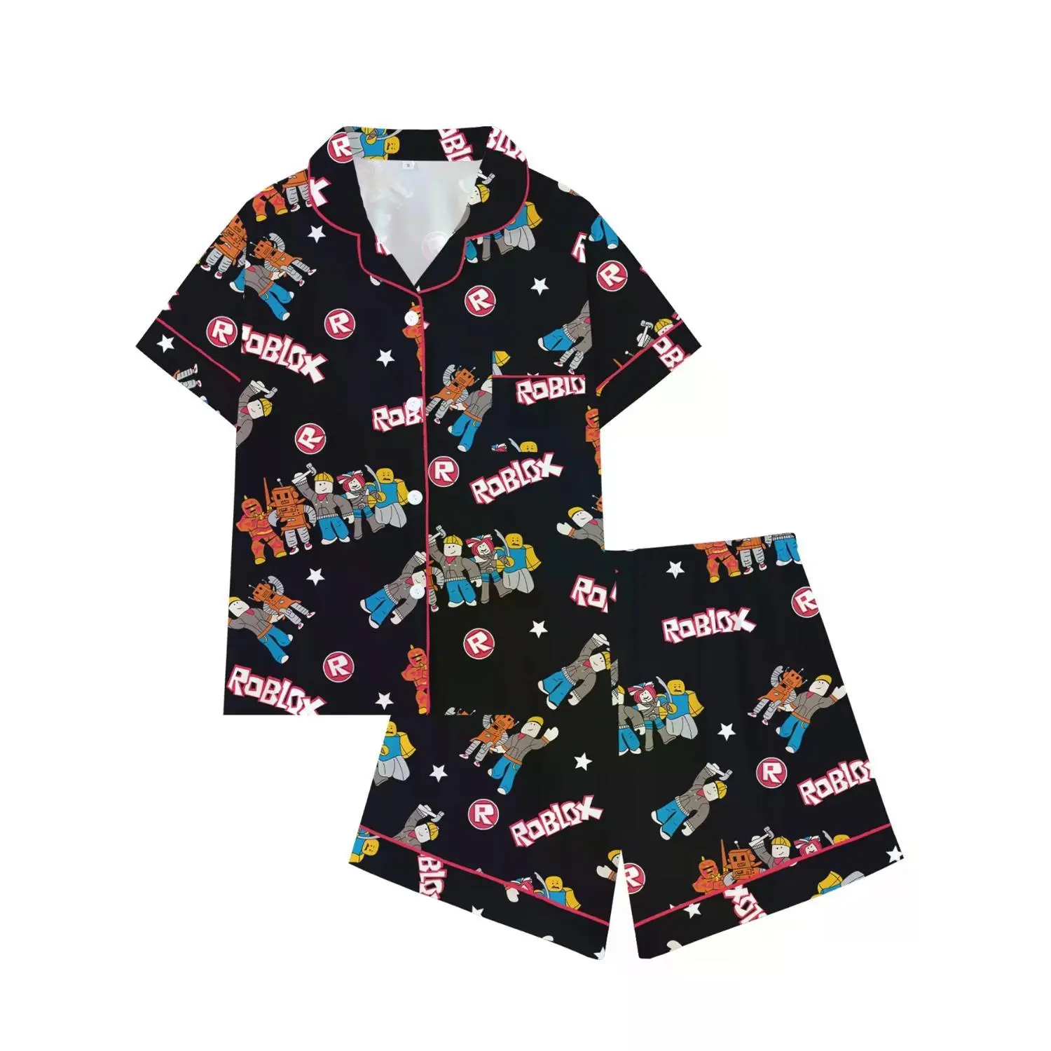 Teen Boys' Roblox Turn-Down Collar Short Sleeve Pajama Set, Comfortable Printed Sleepwear, Fun Gaming Pajamas, Cartoon Print Pajamas, Year-Round Comfort
