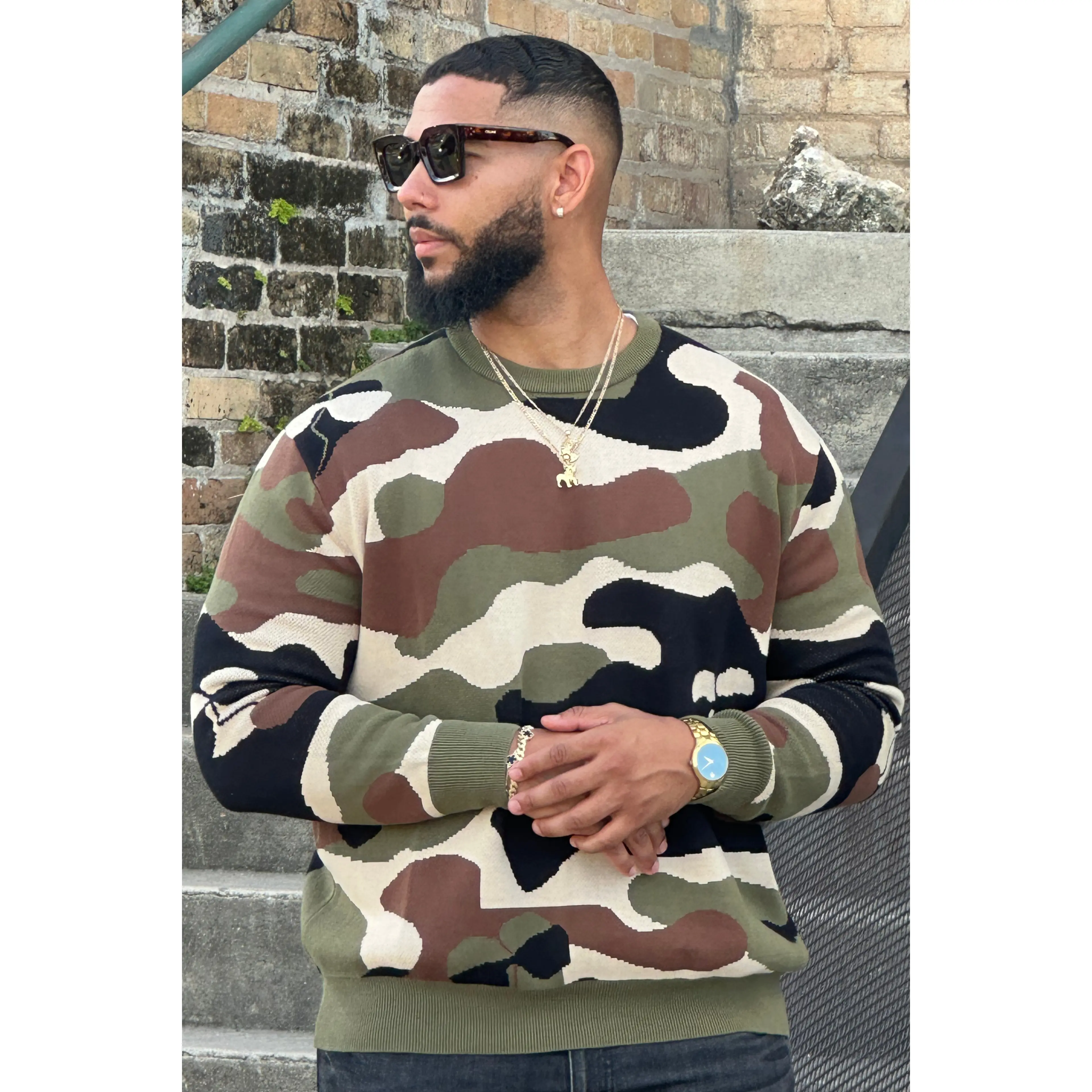 Premium Camo Crewneck Sweater Casual Cotton Jacquard Menswear Knit Soft Customized Knitwear Hem