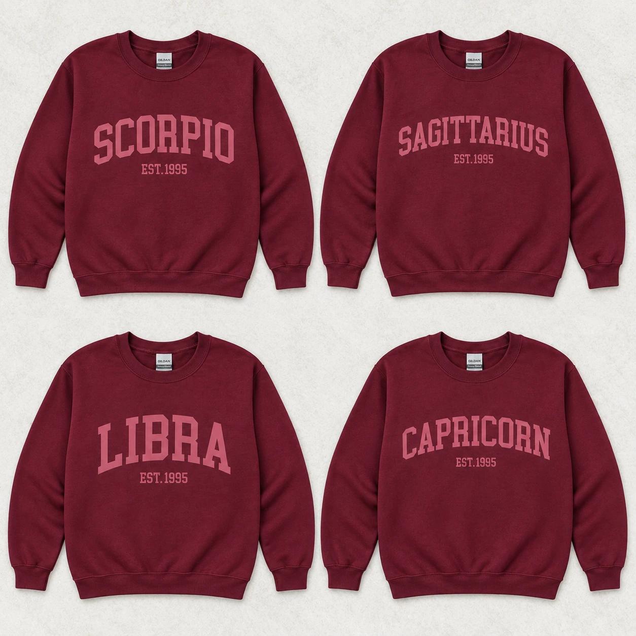 [Custom EST Year or No EST] Custom Zodiac Sweatshirt, Personalized Star Sign Birth Year Crewneck, Vintage Astrology Pullover, Horoscope Birthday Gift – Ahri Clothing