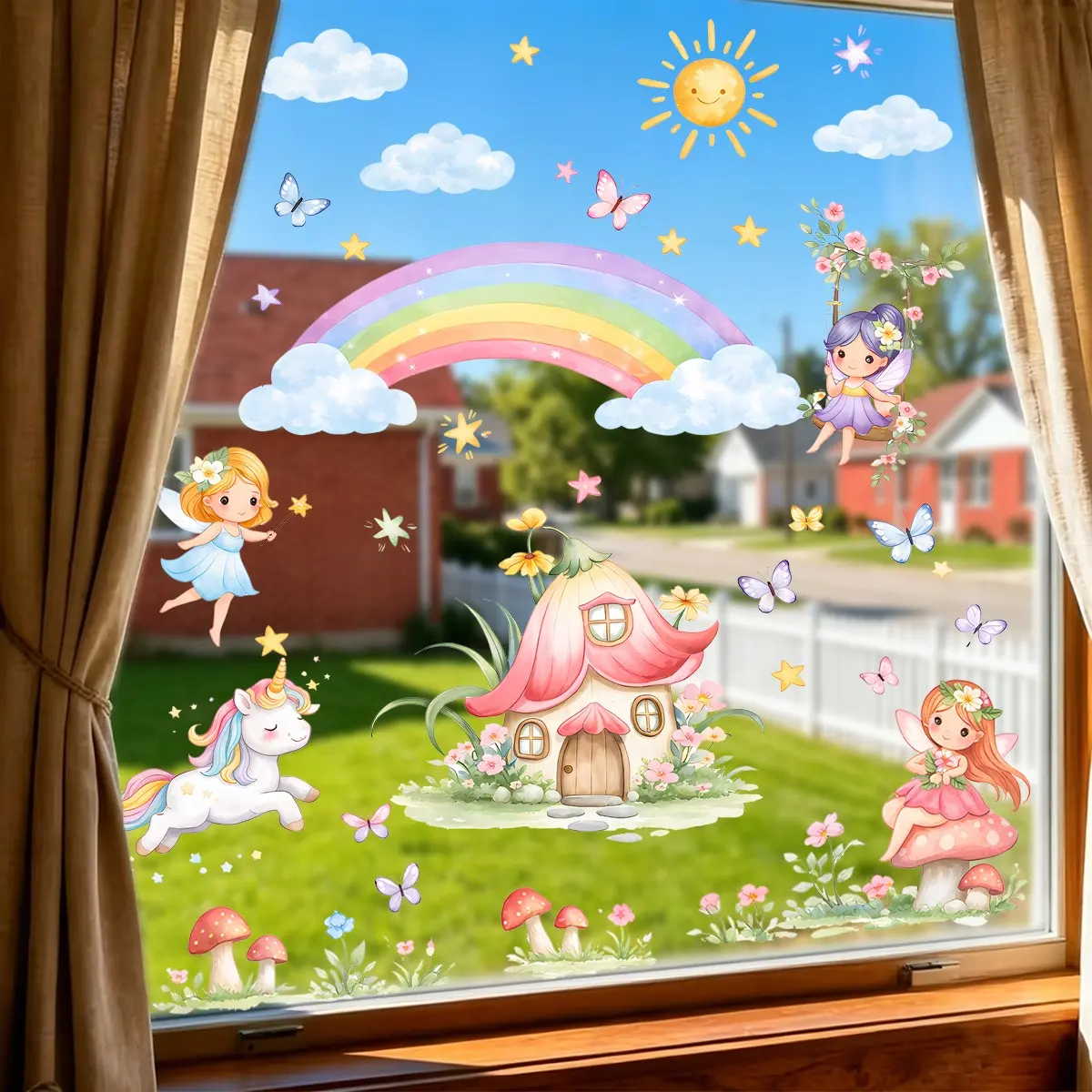 Watercolor Fairy Unicorn Rainbow Wall Decals, Removable Vinyl Self Adhesive Stickers for Kids Bedroom Nursery Classroom Window Glass Decor, Baby Shower Gift, Decorative Sticker