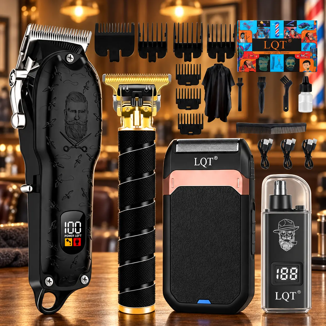 LQT 4-in-1 Professional Grooming Kit for Men, Cordless Hair Clipper, T-Blade Trimmer, Foil Shaver & Nose Trimmer, Rechargeable Barber Clippers Set with LED Display Daily