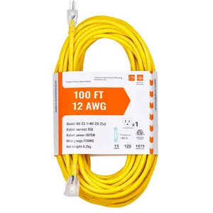 100-Foot Heavy Duty Extension Cord, 12 AWG Wire, 15 Amps, 1875 Watts, 3-Prong Grounded Plug with Lighted End, UL Listed, Indoor/Outdoor SJT Wire, NEMA 5-15P, Durable Electrical Cord for Power Tools and Home Appliances