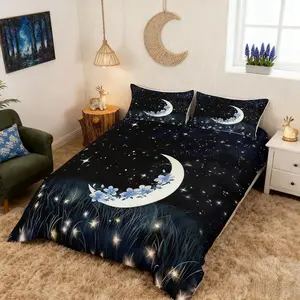 Moon Duvet Cover Starry Sky Theme Bedding Set,Fashion Romantic Plant Flower Galaxy Print Comforter Cover for Kids Teen Boy Girl Bedroom Decoration,summervibes