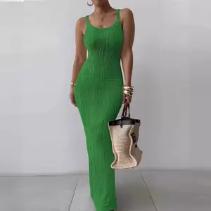 Serendipity Women's Textured Bodycon Maxi Dress Sexy Sleeveless Scoop Neck Green Long Dress Summer Vacation Outfits