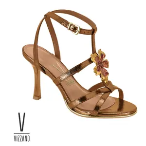 Vizzano Metallic Strappy Heeled Sandals with 3D Flower Charm Women's Stiletto Party Shoes - Bronze Ankle Strap Open Toe Heels for Weddings & Special Occasions
