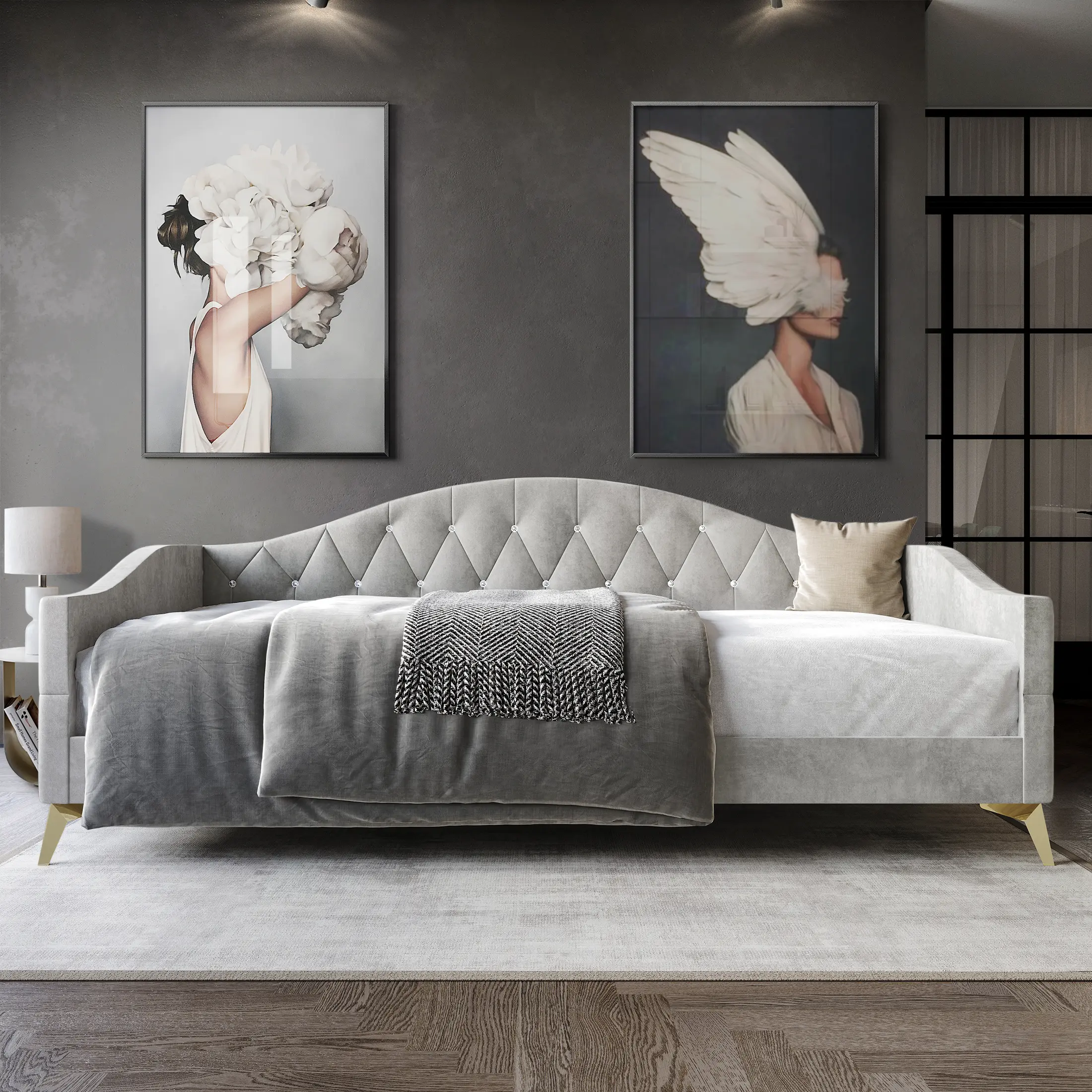 ChaletPosh Velvet Daybed – Crystal Tufted Backrest, Gold Metal Legs
