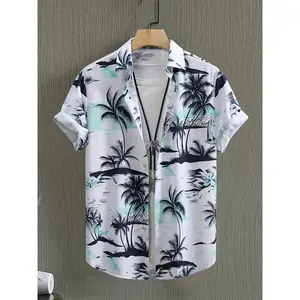 Men'S Tropical Print Short Sleeve Button-Up Shirt - Lightweight Polyester, Casual Summer Style with Palm Tree & Monstera Leaf Design, Green & White Color Scheme, Hawaiian Party Apparel |   Tropical Print Shirt |   Woven Texture