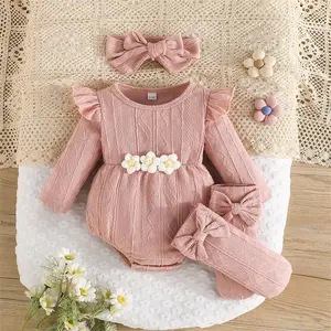 Newborn Girl Outfit, Long Sleeve Crew Neck Flower Romper with Headband Socks Fall Clothes