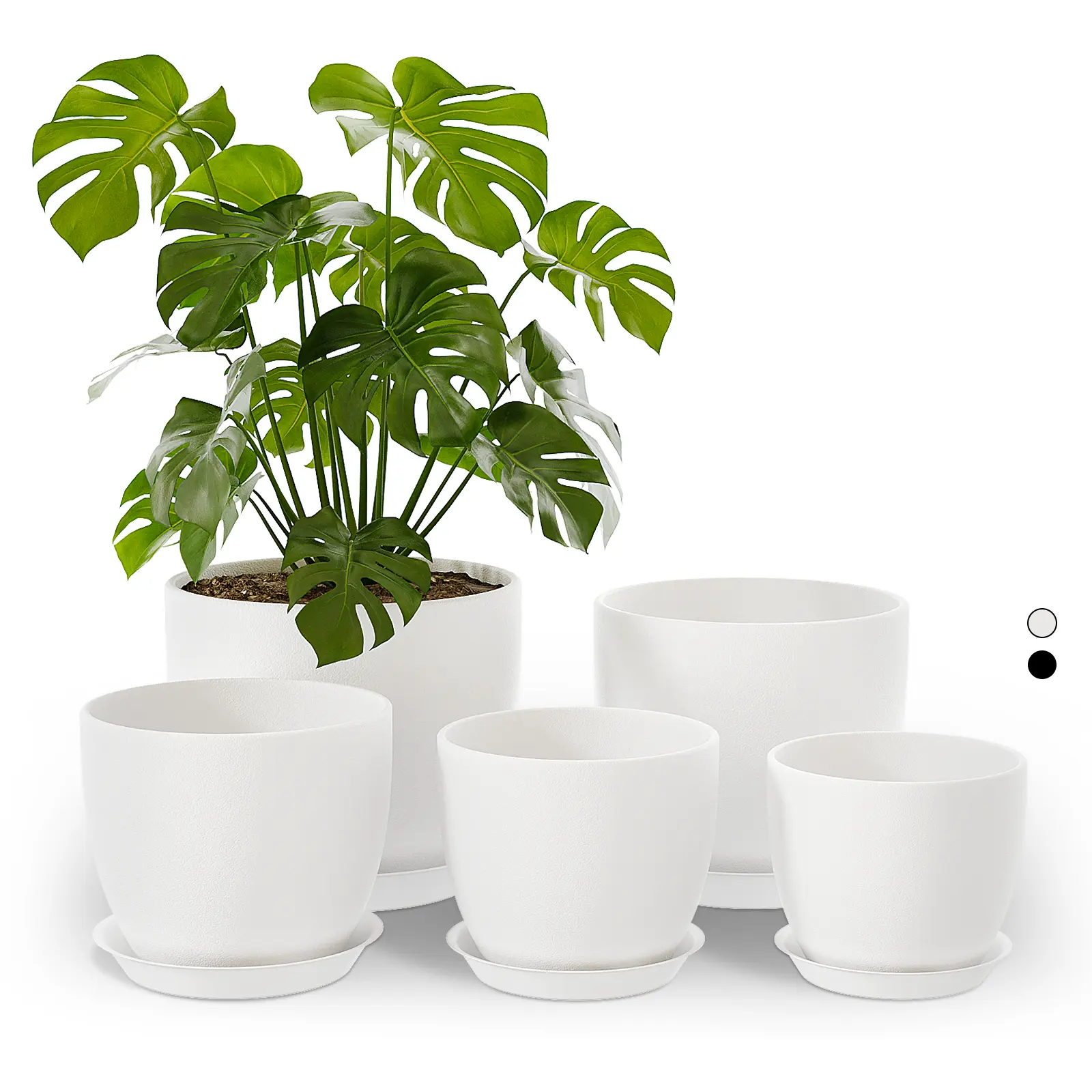 Bamworld Modern Indoor Plastic Plant Pots - 5-Piece White Assorted Flower Pots Set (4.4–7" Size Range, 11.2/12.7/14/16/17.8cm) with Drainage, Planting Container for Succulent/Cactus Fit Indoor Use