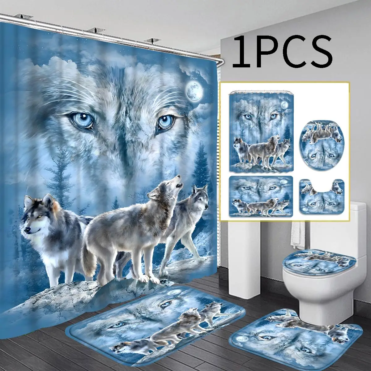 Wolf Pattern Bathroom Shower Curtain with Hooks, U-shaped Contour Toilet Mat, Bath Mat, Toilet Lid Seat Cover, Home Bathroom Decoration Supplies, Bath