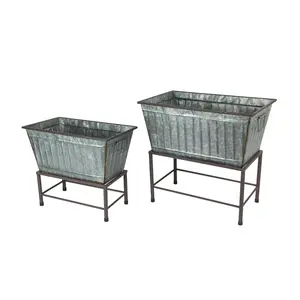 Set of 2 Galvanized Grey Zinc Tub Planters on Stands - 20in & 17in Long, Western Garden Decor