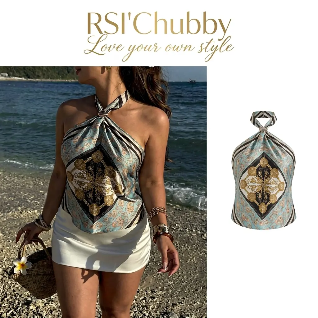 Women's Plus Size Camisole Blouses Halter Neck Backless Satin Like Scarf Tie Tops Sleeveless Flowy Handkerchief Shirt Summer Beach Going Out Tops