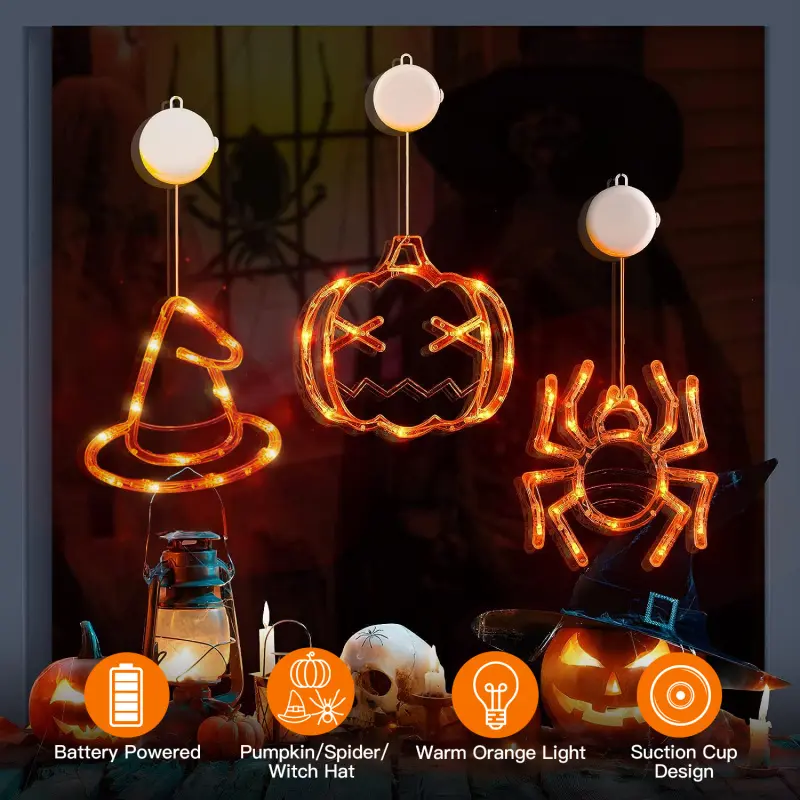 Pack of 3 Halloween Window Lights, Battery Operated LED Pumpkin Witch Hat Spider Decorations with Suction Cups for Indoor Window Party Decor