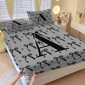3Pcs Personalized Black Bow Letter A-Z Fitted Sheet Set No Fillers, Coquette Style Bed Sheet Set, Initial Ribbon Print Bedding Set with Pillowcases, Cute Girly Deep Pocket Bedding for Teen Girls Bedroom Decor