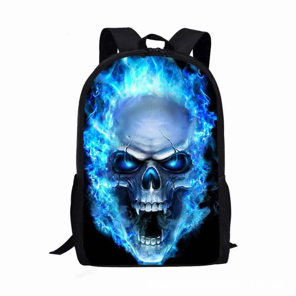 Blue Flaming Skull Print Black Laptop Backpack Gothic Punk School Travel Casual Daypack For Teen Boys