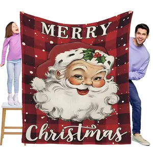 Funny Blanket Vintage Santa Claus red plaid flannel blanket is soft and warm, perfect for sofas, beds, offices, and travel Christmas Present